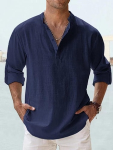 Camisa de Lino Boho para Hombre, Cuello Mao, Botones de Cuerno, Teñido Liso, Transpirable, Casual, Manga Larga, Estilo Urbano, Ajuste Holgado, Regalo de Verano para Él - Product Image 4