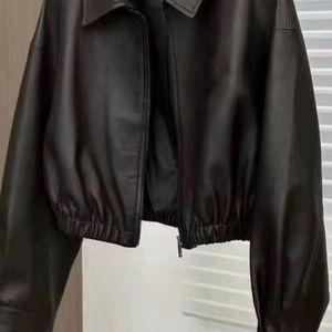 Chaqueta de Motocicleta de Cuero Genuino para Mujer, Manga Larga, Cierre de Cremallera, Cuello Camisero, Largo Regular, Color Sólido - Product Image 2