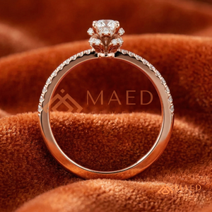 แหวนโรแมนติกทรงวงรีประดับเพชรแบบฮาโล ทำจากทองคำโรสโกลด์ 14K |   แหวนเจ้าสาวลายสแกลลอปที่ได้รับแรงบันดาลใจจากวินเทจ - Product Image 5