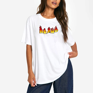 T-shirt long ample blanc pour femme, col rond, épaules tombantes, imprimé lettres flamboyantes, décontracté - Product Image 3
