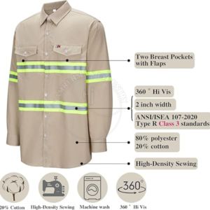 Chemise de soudage ignifuge FR, best-seller, haute visibilité, classe 2, beige, avec bandes réfléchissantes, manches longues - Product Image 5