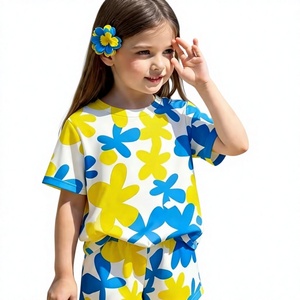 Girls Casual Breathable Medium Stretch High Quality Polyester/Cotton Clothing Set Short Sleeve Crew Neck Top Floral Shorts - Product Image 1