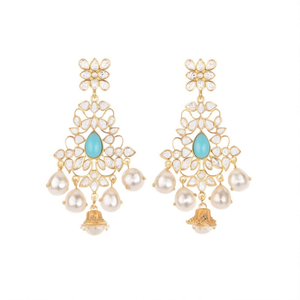 Trendy Drop Earrings with Turquoise Zircon Pearl & Quartz in Yellow Gold - Product Image 3