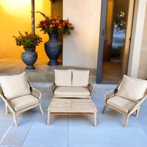 Acacia Wood 4-Piece Outdoor Patio Furniture Set Solid Wood <b>Bench</b> 2 Single <b>Chairs</b> Thick Cushions Coffee <b>Table</b> Included Model - Product Image 1
