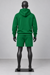 Men's Green Hooded <b>Fleece</b> <b>Sweatshirt</b> And Shorts Set Casual Summer Wear Solid Color Knitted Fabric - Product Image 3