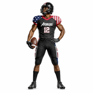 Conjunto de Uniforme de Fútbol Americano de los Vengadores, Jersey Sublimado Negro con Cuello en V y Patrón de Bandera para Hombre, con Protecciones, Estilo Ajustado - Product Image 1