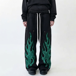 Men's Black <b>Sequined</b> Flame Sweatpants Elastic Waist Drawstring Street Style Joggers Midweight Cotton Autumn Wear New <b>Rainbow</b> men - Product Image 4