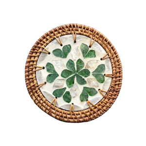 Polished Sea Shell Coaster with Hand-Woven Rattan <b>Frame</b> - Luxury Heat Shield - Unique Mother-of-Pearl Gift - Product Image 1