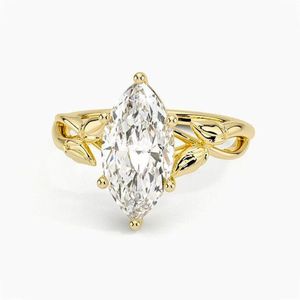 Anillo de Compromiso de Lujo con Diamante Cultivado en Laboratorio, Corte Marquesa, Banda con Diseño de Hoja Inspirado en la Naturaleza, Joyería de Oro de 14K - Product Image 1