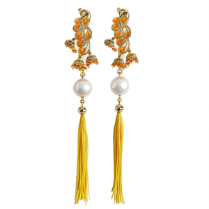 Peacock Style Hanging Drop Earrings with Pearl and Tassel Charm - Product Image 3