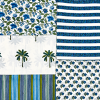 Ensemble de tissus en coton imprimé à la main bleu, motif floral et rayures palmiers, pour la confection de robes Kurta, matériaux pour textiles de maison et artisanat, doux au toucher