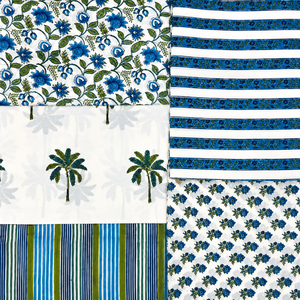 Blue Hand Block Printed Cotton Fabric <b>Set</b> With Floral Palm Stripe Motif For Kurta Dress <b>Sewing</b> Home Textile Craft Material Soft - Product Image 1