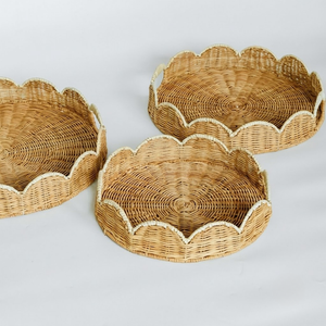 Premium Handcrafted Scalloped Rattan Round Tray Wicker <b>Basket</b> Organizer For Home Tabletop Kitchen Decor Supplies - Product Image 1