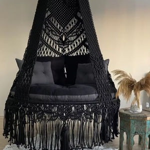 Black Macrame Hanging <b>Swing</b> Chair: Indoor Outdoor Decor - Product Image 1