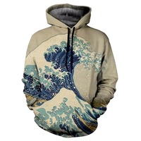Sudadera con Capucha Personalizada con Estampado 3D de la Gran Ola Japonesa, Sudadera con Sublimación de Estampado Completo, Color Beige, Unisex, Venta al Por Mayor