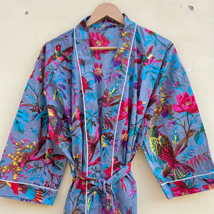 Bata Kimono de Algodón 100% Tejido con Estampado de Dibujos Animados para Mujer, Camisón de Verano Hecho a Mano, Cuello en V, Cintura Elástica, Largo Completo, ODM - Product Image 1