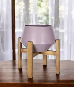 Modern Purple Metal <b>Vase</b> with Wooden Stand 9.25 Inch <b>Square</b> Tabletop Planter for Indoor Decor - Product Image 6
