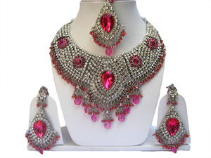 Silver Plated <b>Crystal</b> Jewelry <b>Set</b> Necklace Earrings Pear Cut Rhinestone Women's Wedding Ethnic Style - Product Image 1