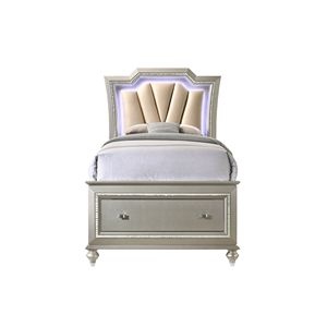 Letto Matrimoniale Kaitlyn Rivestito in Pelle Sintetica con Finitura Champagne, Include Luci LED e Vano Contenitore - Product Image 1