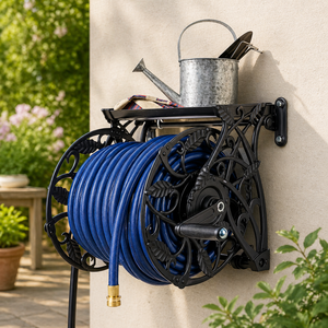 Garden Decor Vintage Heavy Duty Metal Wall Mount Hose Reels 125ft with Shelf for Outdoor Patio Garden Watering ODGGAD016 - Product Image 3