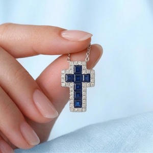 Quick Delivery Jewelry Special Design High End White Gold Natural Diamond & Sapphire Classic Cross Pendant Unisex <b>Gift</b> - Product Image 3