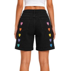 Shorts de Mezclilla para Mujer con Bordado de Corazón Arcoíris Negro, Cintura Alta, Corte Holgado Informal, Dobladillo Enrollado, Algodón, Moda Verano - Product Image 2