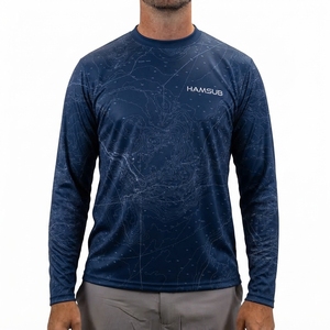 HAMSUB Men's <b>Long</b> <b>Sleeve</b> Fishing Shirt UPF 50 Anti-UV Printed <b>Top</b> <b>Blue</b> Topographic Pattern Pullover - Product Image 1