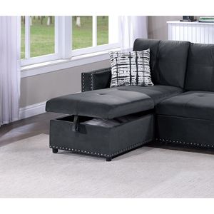 Divano Sezionale 2 Pezzi in Velluto Nero con Letto Estraibile, Chaise Longue Contenitore e Dettagli Trapuntati, Reversibile, per Soggiorno - Product Image 6