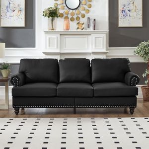 Divano Moderno Classico in Pelle Nera da 83 Pollici, Imitazione Pelle Bovina con Borchie, Imbottito per Soggiorno - Product Image 3