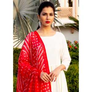 Ensemble Kurta Anarkali blanc en tissu Dobby pour femme avec dupatta Bandhej rouge, manches 3/4, taille XS, en mousseline de soie - Product Image 4