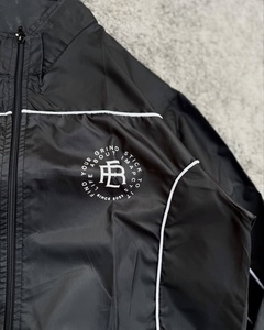 Custom <b>Mens</b> Black Nylon Windbreaker Tracksuit Set High Neck Full Zip Jacket Matching Track <b>Pants</b> <b>White</b> Contrast Piping - Product Image 4