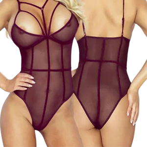 Women's Burgundy Mesh Bodysuit See Through Hollow Out Sexy Lingerie With Chest Pad - Product Image 5
