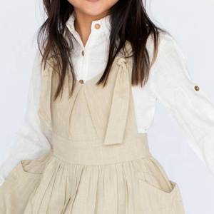 Gorgeous Girl's Wear Beige Overall Dress & Shirt With Knotted Shoulder <b>Straps</b> & Front Pockets Crafted From Cotton For Comfort - Product Image 3