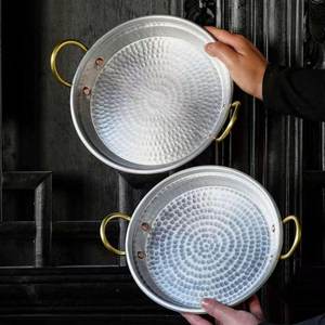 Round Metal Serving <b>Plate</b> With Hammered Texture And Gold Handles Minimalist Design Dishwasher Safe - Product Image 2