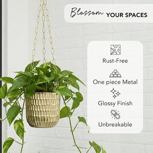 Pot de fleurs suspendu plaqué or moderne avec chaîne pour usage intérieur/extérieur, design minimaliste, jardinière pour plantes - Product Image 4