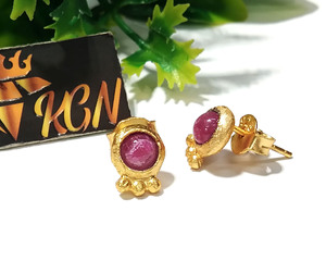 Natural Red Ruby Stud <b>Earrings</b> 925 Sterling Silver Silver Plated Women Elegant Gemstone Push <b>Back</b> Boho Style Bezel Setting - Product Image 4