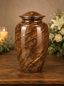 Urne funéraire en marbre couleur terre avec veinage doré métallique, pour cendres, souvenir commémoratif - Product Image 3