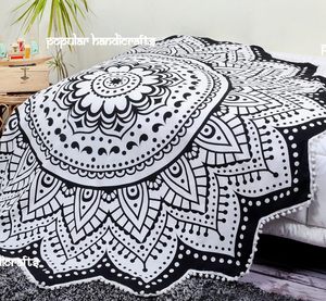 Tapisserie ronde Mandala Lotus noir et blanc, style bohème indien, pour mur, plage, nappe en coton, drap de yoga, 70 pouces - Product Image 2