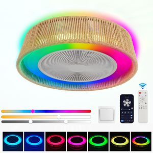 Ventilatore da soffitto LED moderno rustico da 21 pollici con luce RGB, illuminazione d'atmosfera, silenzioso, semi-incasso per camera da letto e soggiorno, design a corda intrecciata - Product Image 2