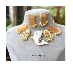 Ensemble de bijoux fantaisie style décontracté et sportif, plaqué or, avec pierres, perles et Kundan, collier et boucles d'oreilles, pour mariage et fêtes ethniques - Product Image 1