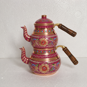 Handmade Turkish Copper Tea Pot <b>Set</b> Hand Painted Enamel Copper Tea Kettle Wooden Handle Traditional <b>Teapot</b> OEM Wholesale - Product Image 2