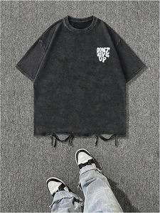 T-shirt délavé à l'acide de bonne qualité, style streetwear noir, hip-hop, logo personnalisé, coupe ample pour homme, 100% coton tricoté, prix abordable, vente en gros - Product Image 4