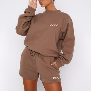 Conjunto de Sudadera con Capucha y Pantalones Cortos de 2 Piezas para Mujer, Color Marrón, Felpa, Corte Regular, Secado Rápido, Transpirable, Ropa de Invierno - Product Image 1