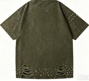 เสื้อยืดผู้ชายทรงหลวมสไตล์สตรีทแวร์ ผ้าฝ้าย คอตตอน ทรงโอเวอร์ไซส์ แบบลำลอง ผลิตขายส่ง พร้อมดีเทลแต่งขอบแบบดิสเทรส - Product Image 4