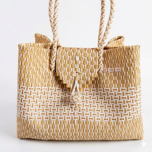 Women Modern Durable <b>Plastic</b> Woven <b>Tote</b> Bag Bohemian Hook Loop Closure Casual Beach Handbag Geometric Pattern Two Handles - Product Image 1