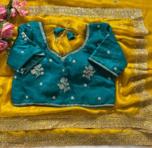 Sari Étnico Indio de Satén Verde Azulado con Bordado C Pally y Lentejuelas, Sari con Blusa Cosida para Bodas - Product Image 1