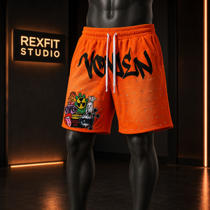 Shorts pour hommes personnalisés à imprimé flamme, en coton épais, effet vintage, streetwear, graphiques, décontractés, avec cordon de serrage, amples, pour la gym, vente en gros - Product Image 4