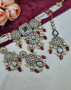 Elegant Kundan Pearl Strand Choker <b>Necklace</b> Set With Earrings And Mangtika Traditional Ethnic Festive Wear Jewellery Collections - Product Image 1