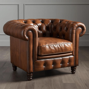 Fauteuil Chesterfield élégant en cuir marron vintage avec garniture cloutée, fauteuil d'appoint de luxe pour salon - Product Image 1