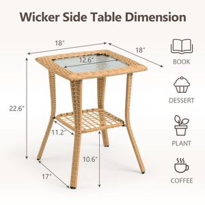 Beige Outdoor Wicker Side <b>Table</b> with Glass Top Rattan End <b>Table</b> for Indoor Garden Porch Balcony Patio Coffee Bistro <b>Table</b> - Product Image 2